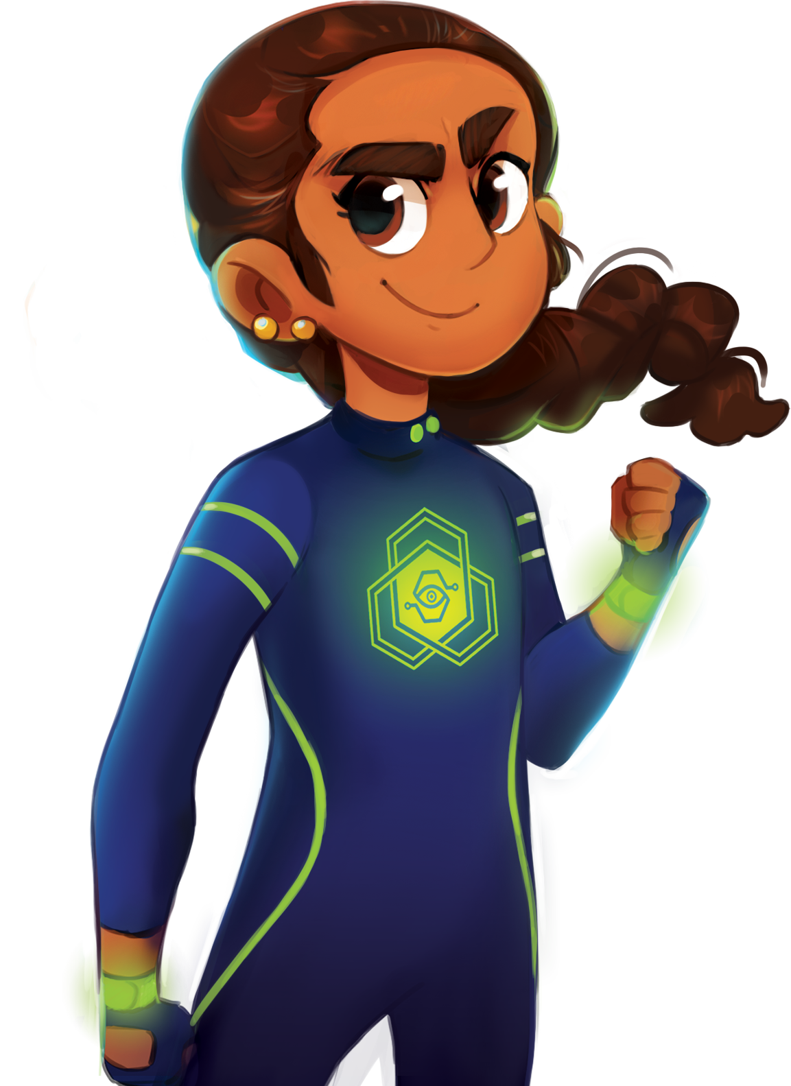 Agent Asha wearing her blue and green spy suit